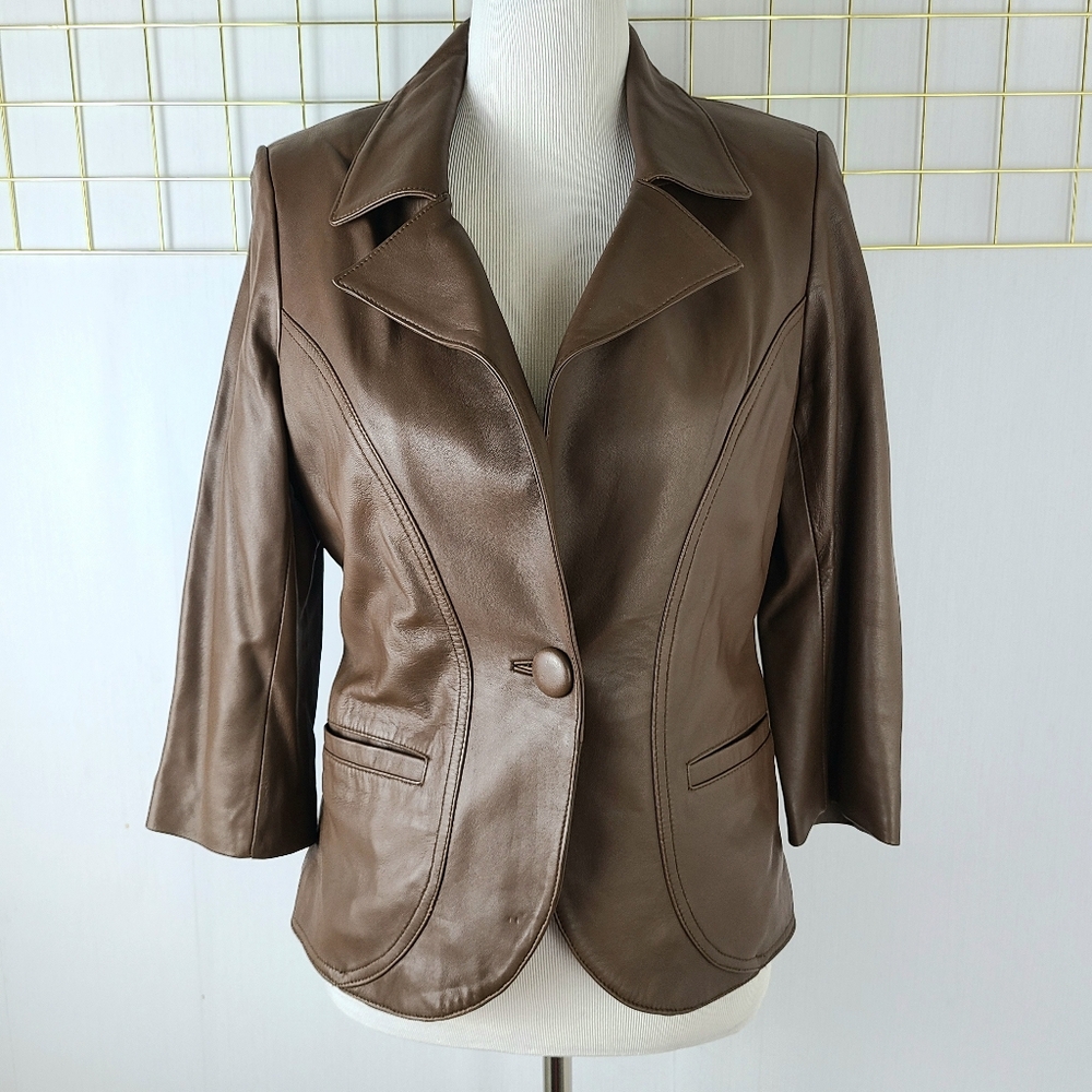 Arden B Dark Brown Genuine Lamb Leather Y2K One-Button Vintage Jacket